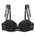 Detail of floral lace bra featuring ruffled straps and a contrast white bow decoration - 70A / Black