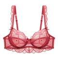 Elegante sujetador de encaje rojo semitransparente con copas completas y bordes finos - 70A / Rojo Sandía