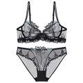 Elegant black lace lingerie set with floral embroidery sheer mesh bra and panties - 70B / Black