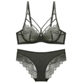Lace lingerie set in deep olive green with sheer underwire bra and matching briefs - 70A / Green