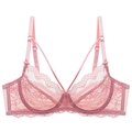 Pink sheer lace bra with floral patterns, underwire support, and front strap details - 70A / Pink