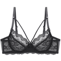 Sexy black lace unlined bra with floral embroidery and criss-cross straps on white backdrop - 70A / Black