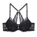 Detailed view of black floral lace bra with front buckle and cross-back straps - 70A / Black