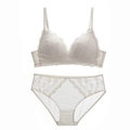 Detail of off-white French lace bra and mesh panties set with floral embroidery - 70A / Off-white