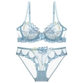 Completo intimo in mesh azzurro con ricami floreali e slip coordinati in pizzo - 70B / Celeste