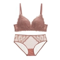 Detailed flat lay of a French lace wireless bra and panty set in dusky rose pink - 70A / Pink