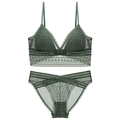 French style dark green lace lingerie set with wireless triangle bra and mesh panties - Dark Green