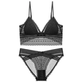 Conjunto de lencería de encaje negro estilo francés con copas triangulares y espalda en U - S / Top Y Pantalón / Negro