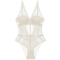 Elegant off-white lace bodysuit featuring deep V-neck and underwire molded cups - 80B / White