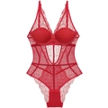 Sultry red floral lace bodysuit for women featuring deep V-neck and mesh details - 70B / Red