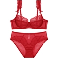 Rotes Dessous-Set aus Spitze mit gepunktetem Netz-BH und passendem Slip mit Schleifen - 70A / Rot