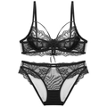Sexy black lace lingerie set with floral patterns and sheer details for women - Black