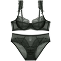 Elegantes Set aus schwarzer Spitzenunterwäsche mit atmungsaktivem Mesh und Schleifen - 70A / Dunkelgrün