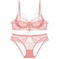 Pink lace lingerie set with ribbon tie bra and sheer mesh briefs on white background - Pink