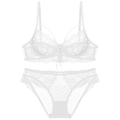 Detailed view of white lace lingerie set featuring sheer floral patterns and delicate ribbons - White