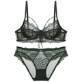 Deep green lace lingerie set featuring a sheer floral bra with ribbon and matching panty - Green