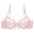 Sujetador sexy de encaje rosa con bordado floral en malla transparente y lazo de seda - 70A / Rosa Claro
