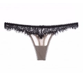 Tanga de encaje de pestañas francés con malla beige y detalle de lazo negro - S / Negro