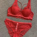 Elegant red lace lingerie set with floral embroidery bra and matching sheer panties - 70A / Set / Red