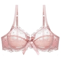 Pale pink ultra-thin mesh lace bra featuring elegant floral embroidery and satin bow - 70A / Lotus Pink