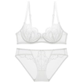 Detailed view of white floral lace embroidery and sheer mesh texture on lingerie set - 70A / White