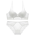Detailed view of white lace push-up bra set with intricate floral patterns and mesh detail - 70A / White