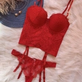 Lace lingerie set in red including longline bra, thong and garter belt with 75C size tag - 70B / Top And Bottom / Red