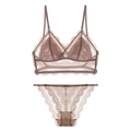 Französisches Set aus braunem Spitzen-Bustier und Slip mit U-Rücken und dünnen Trägern - S / Altrosa
