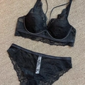 French style black lace embroidery lingerie set with half-cup bra and mesh panties - 70A / Set / Black