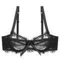 Elegante sujetador de encaje negro con malla floral translúcida y detalle de lazo de satén - 70A / Negro