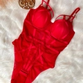 Sexy red lace bodysuit lingerie with supportive underwire cups and bandage straps size 75B - 70B / Red