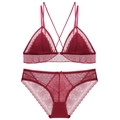 Burgunderrotes französisches Dessous-Set mit Vorderverschluss-BH und Spitzenhöschen - S / Rot
