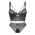 Schwarzes Spitzen-Dessous-Set mit transparentem Blumenmuster und gekreuzten Trägern - 70B / Schwarz