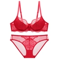 Lace lingerie set in vibrant red with floral bra and sheer mesh panty two-piece outfit - Red