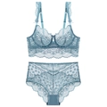 Elegantes hellblaues Spitzen-Lingerie-Set mit floralen Mustern und High-Waist-Slip für Damen - 70B / Blau