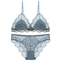 Spitzen-Bralette-Set mit kabellosen Dreieckskörbchen und passendem Slip in Graublau - S / Blau