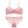 Französisches Dessous-Set aus rosa Spitze mit Blumenstickerei und Bügel-BH-Design - 75D / Rosa