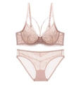 Close-up of thin lace bra and mesh panties set with intricate floral embroidery in mauve - Lotus root pink