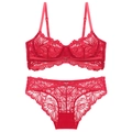 Rotes französisches Spitzen-Dessous-Set mit Blumenstickerei und verstellbaren Trägern - 70B / Rot