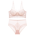 Ensemble lingerie en dentelle française brodée de fleurs et maille fine en rose poudré - 70B / Chair