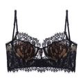 Primer plano del bralette de encaje negro con forro tostado y detalles de botones - S / Negro