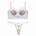 White eyelash lace bralette and thong set with delicate buttons and sheer mesh details - S / White