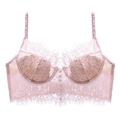 Detailed view of pale pink floral lace bra featuring underwire support and elegant fabric - S / Tops / Pink