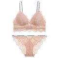 Dessous-Set aus rosa französischer Spitze mit kabellosem Triangel-BH und Slip mit Blumen - S / Rosa