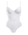 Detailed view of white lace bodysuit featuring underwire cups and decorative waist belt - 85D / White