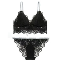 Französisches schwarzes Spitzen-Bralette-Set mit Logo-Webband-Trägern - S / Schwarz