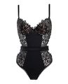 Vue détaillée du body en dentelle noire avec empiècements en résille et satin - Noir