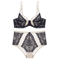 Dessous-Set aus Spitze mit beigem Grund und schwarzer Blumenstickerei, Bügel-BH und Taillenslip - 70B / Schwarz und Hautfarben
