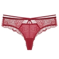 Sexy dark red lace thong for women with sheer floral patterns and double thin straps - Burgundy