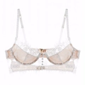 Detailed view of white eyelash lace bra with central pearl buttons and adjustable straps - S / White